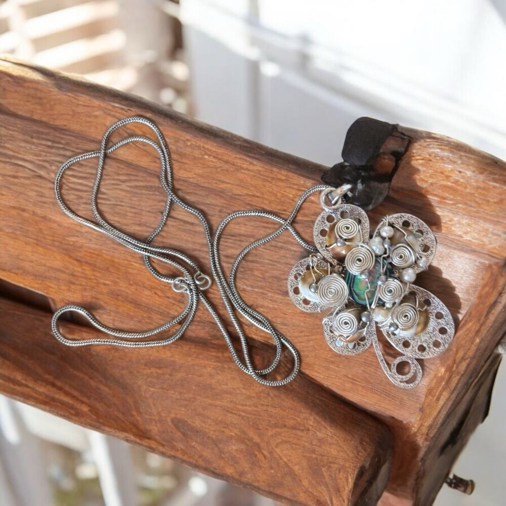 Art Deco Silver Pearl Opal Handmade Necklace‎ Reversible 16 Inch Chain SC Stamp